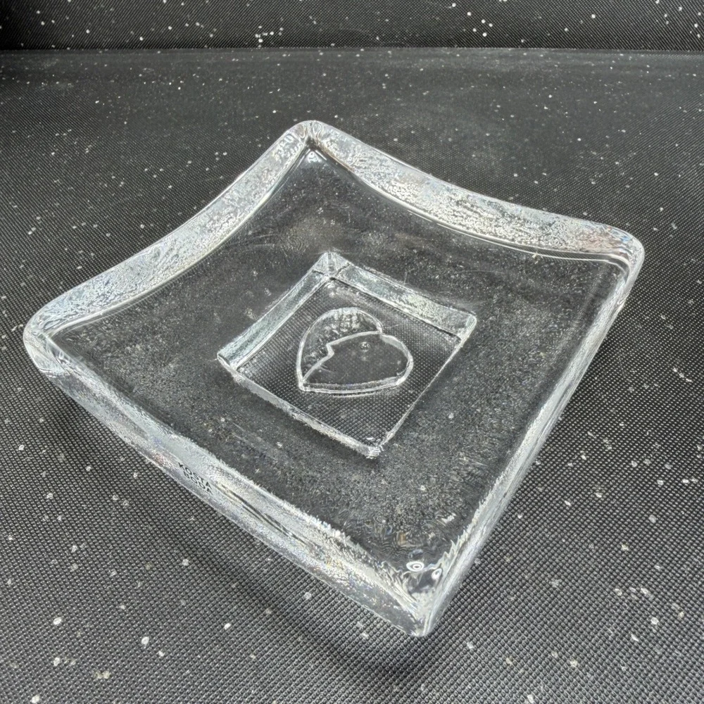 Kosta Boda Swedish Glass Square Heart Footed Dish Clear Bertil Vallien Saturday